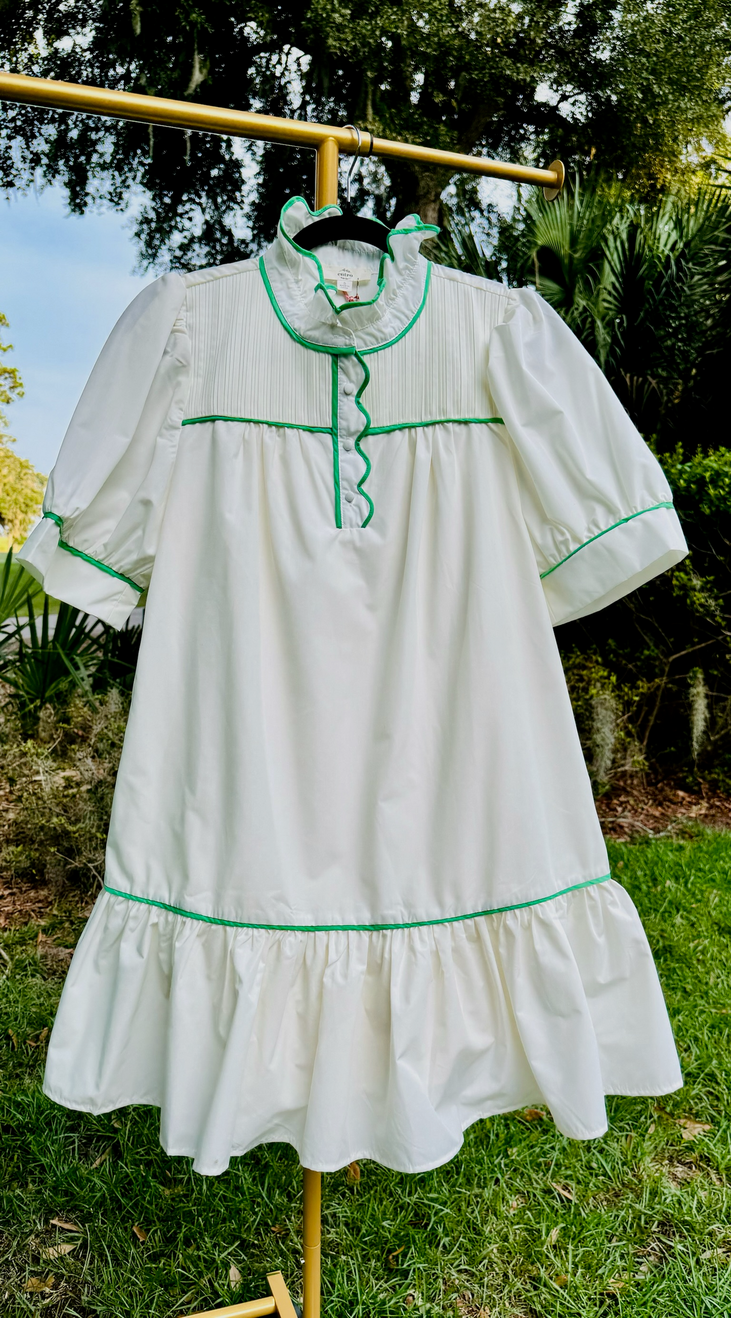 Ivory High Neck Minidress with Green Trim Detailing